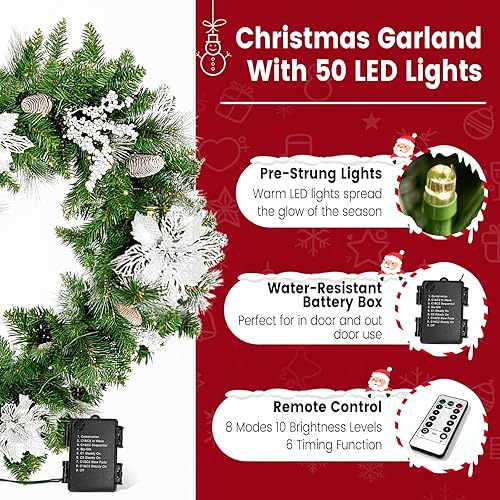 Miniatura 4 de Guirnalda de Navidad preiluminada de 9 pies con exuberantes puntas de ramaflores plateadasconos de pino y luces multicolores, guirnalda de Navidad