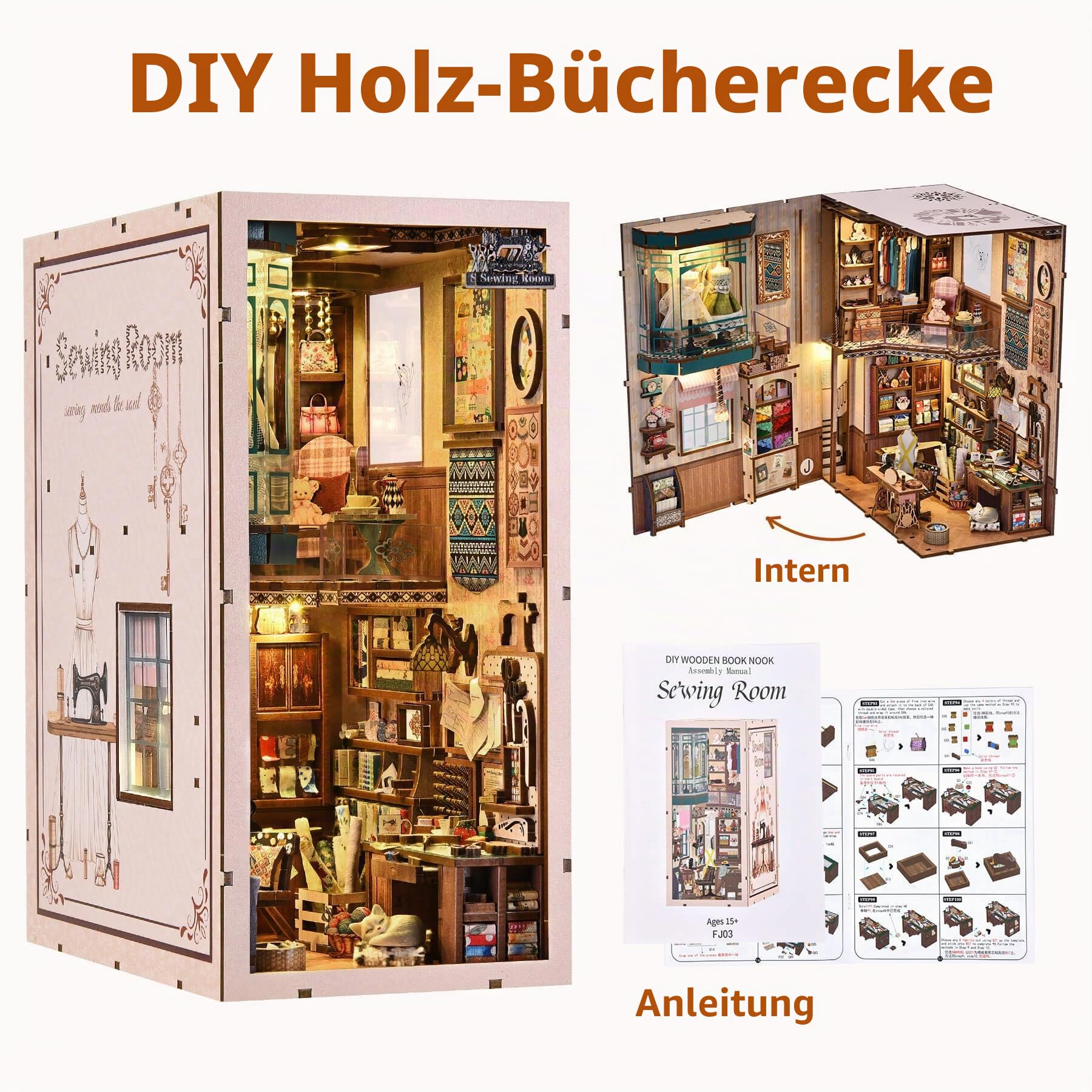 fifijoy Book Nook Kit - Nähzimmer DIY Miniaturhaus Puppenhaus Kit für Erwachsene und Jugendliche, Booknook Tiny House Bücherregal Dekor 3D Holzpuzzle, Geschenke für Familie und Freunde