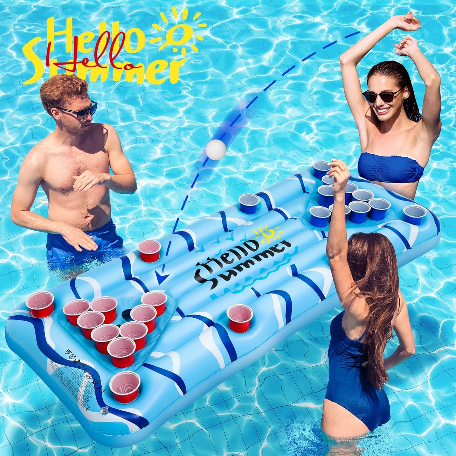 Pong Galleggiante 175x75cm - Gonfiabile Piscina con 24 Portabicchieri, Materassino Gonfiabile Mare per Adulti, Giochi Piscina Adulti con 24 Bicchieri e 2 Palline, Ideale per Relax Estivo