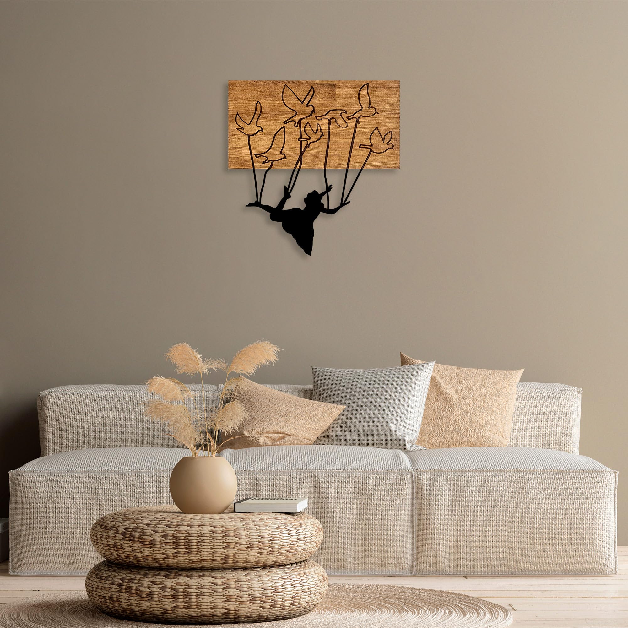 Elegant Decorative Wooden Wall Accessory, Walnut & Black, 58 x 60 cm, 50% Wood (3 cm) & Metal (1.5 mm), Unique Texture & Colour Variations