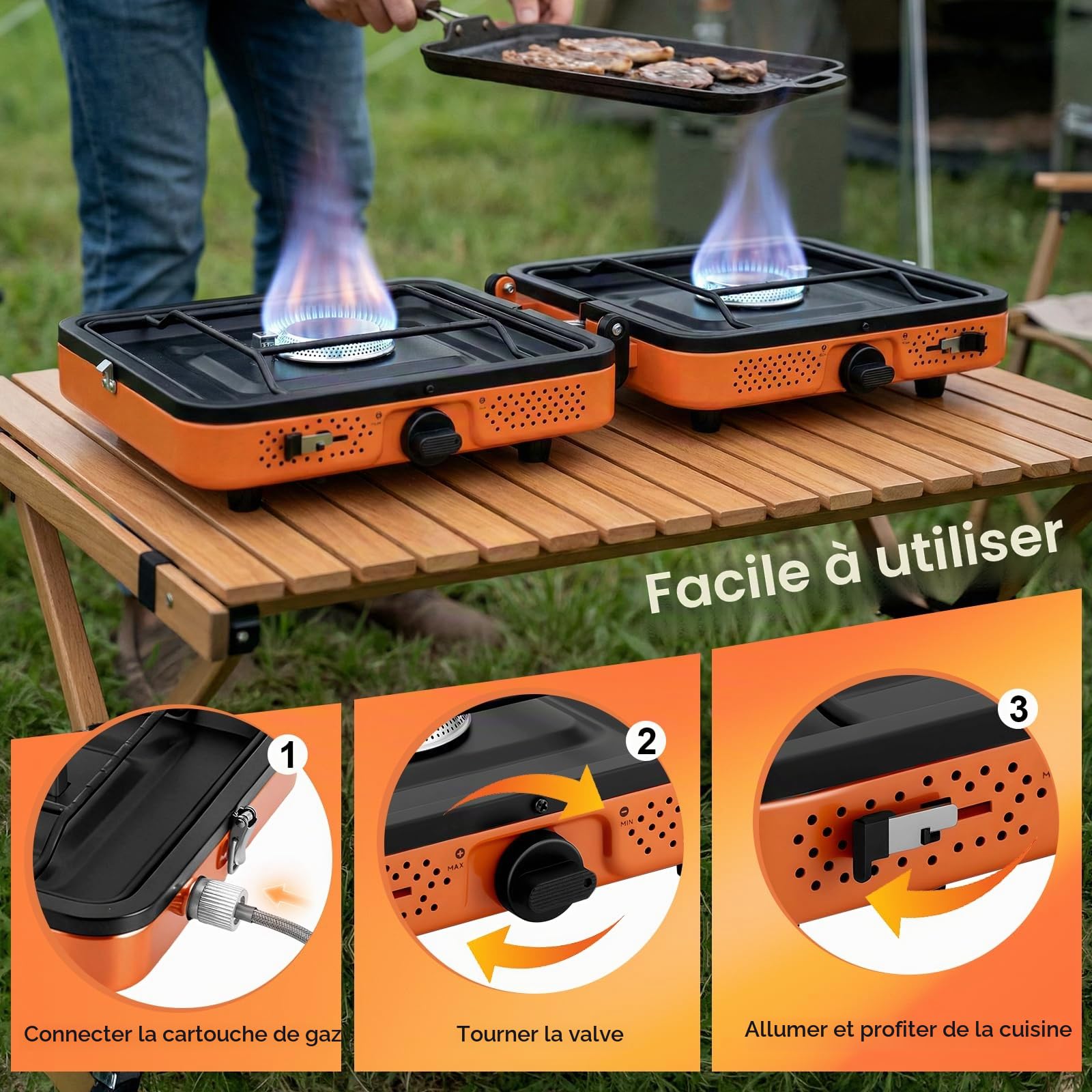 Réchaud de Camping Portable 2 Brûleurs 4400W, Cuisinière à Gaz Puissante pour Cuisson en Extérieur, Réchaud Pliable avec Allumage pour Randonnée Pique-nique Voyage