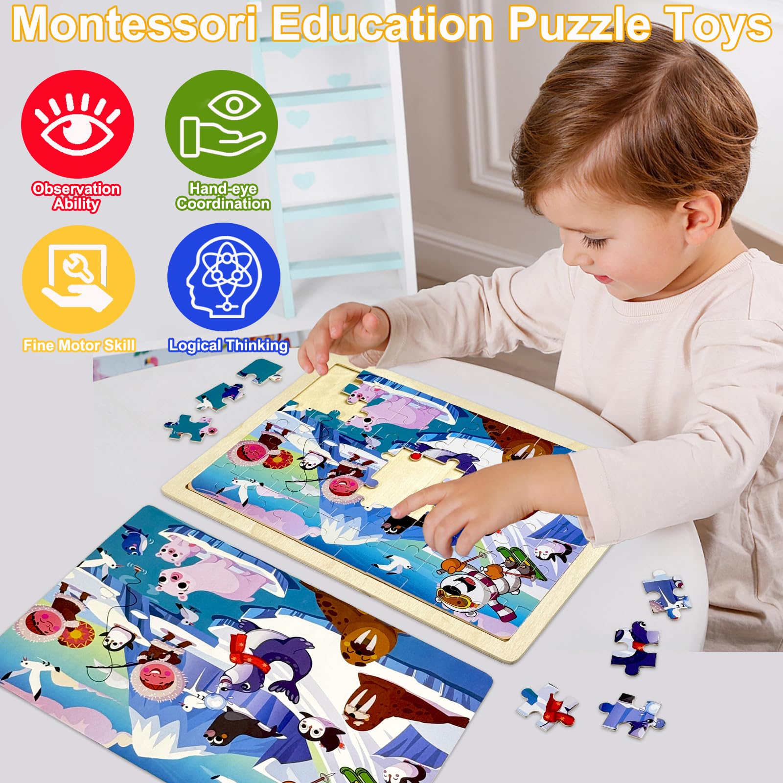 Kulveanju Wooden Jigsaw Puzzles for Kids, 5 Packs 60 Piece Childrens Jigsaws Age 3-4, Montessori Wooden Toys Dinosaurs - Image 2
