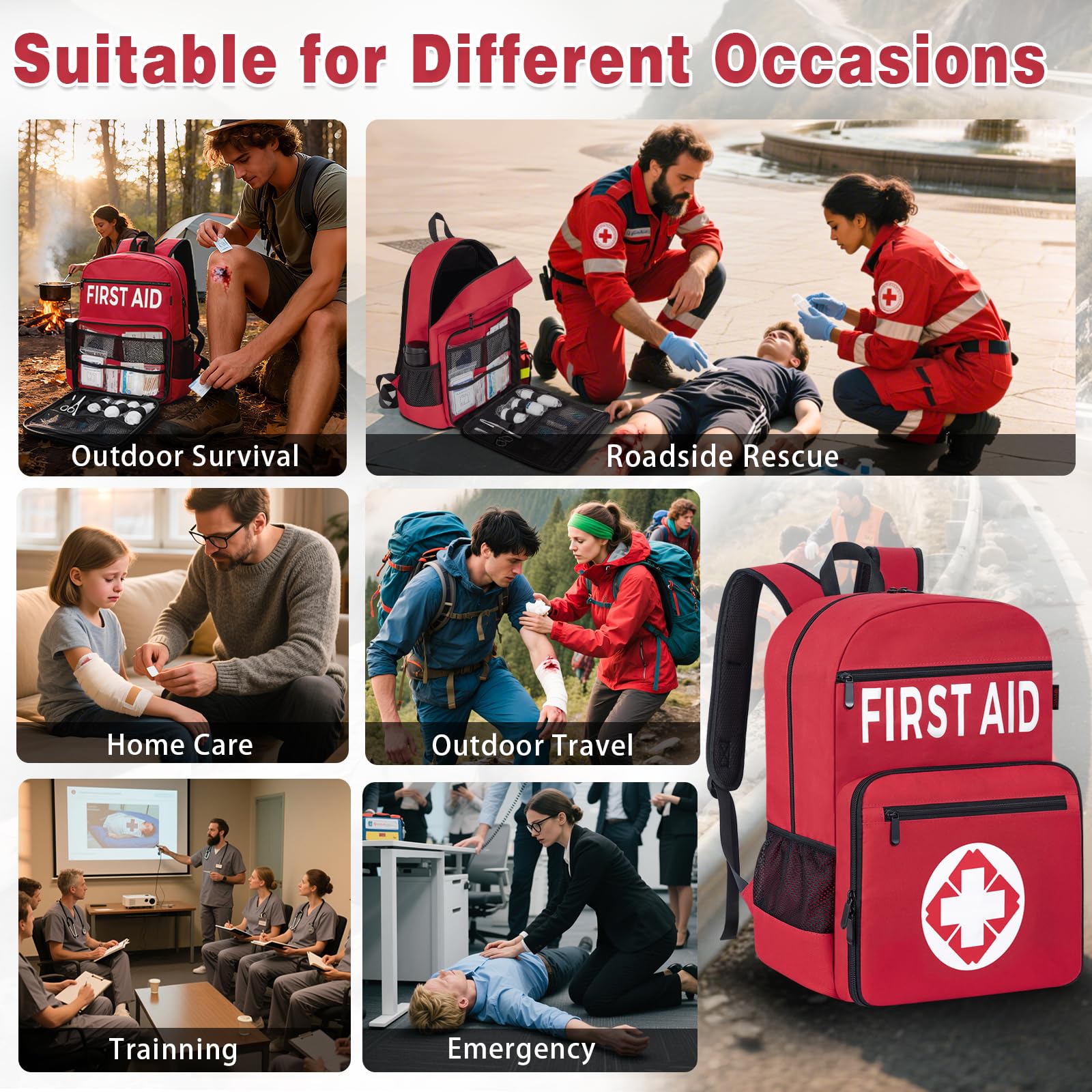 Kit di pronto soccorso zaino completamente fornito, 400 pezzi di attrezzatura di sopravvivenza, include garza, impacchi di ghiaccio, coperta di emergenza, cerotti per auto, viaggi, casa, campeggio