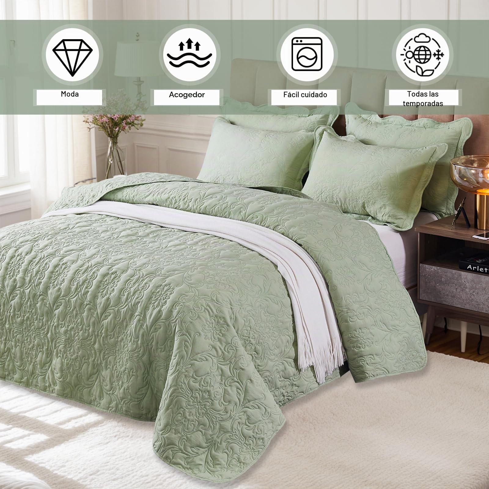 OKYUK Juego de edredón de 3 piezas tamaño Queen, colcha acolchada de microfibra de gran tamaño, juego de colcha ligera con fundas de almohada, juego de ropa de cama reversible estampada para todas las