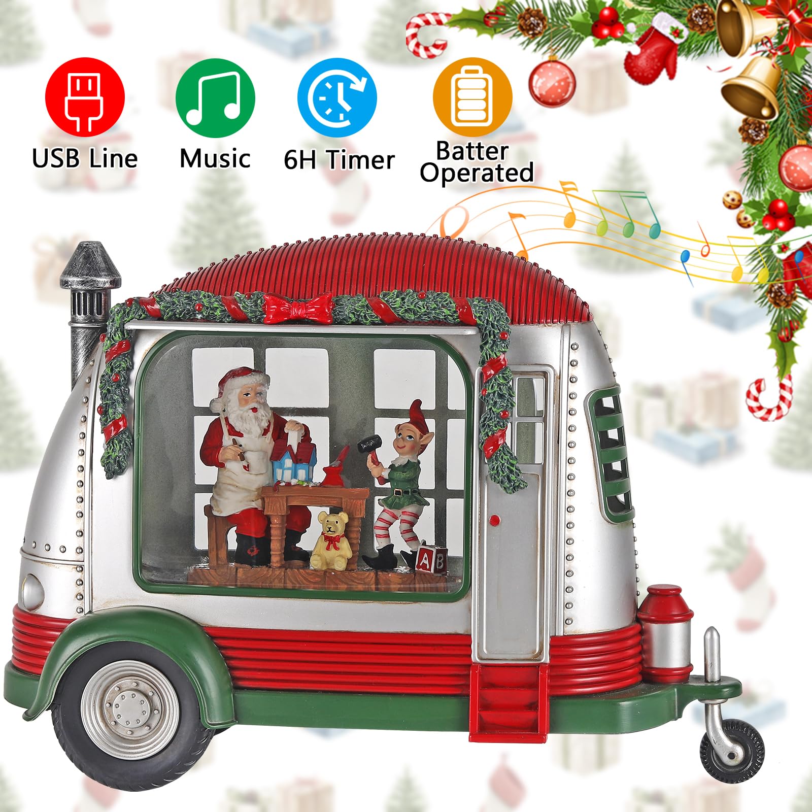 ARMXY Christmas Snow Globe, RV Santa Claus Gift Room Scene Snow Globe, Glittering Lantern with Timer, Snow Globe Lantern USB or Battery Powered for Desktop Ornament, Christmas Decoration and Gifts