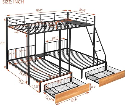 Merax Full Over Twin & Twin Triple Bunk Bed, Black Metal Bed Frame with Drawers and Guardrails