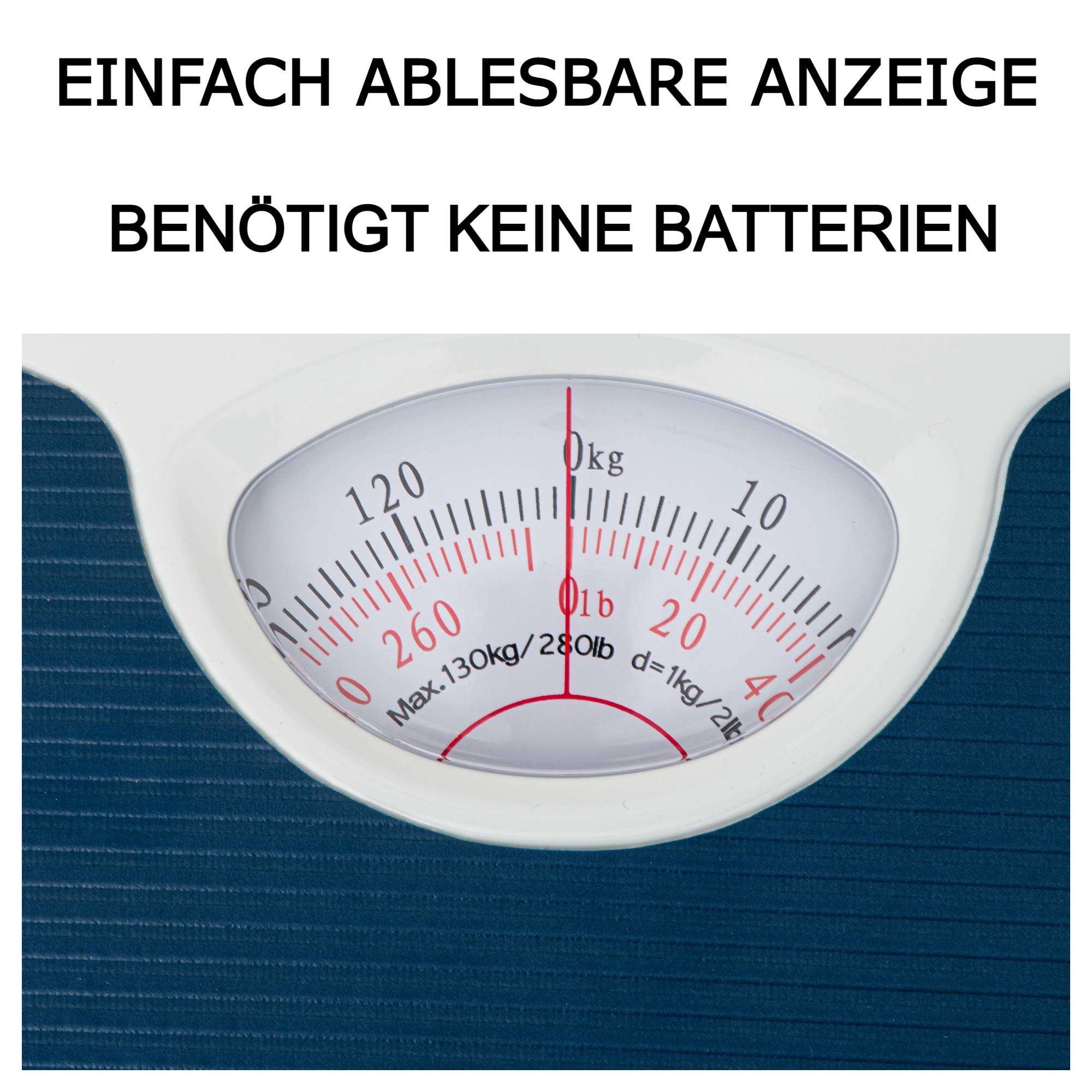 TronicXL Analog Personenwaage - bis 130kg - Retro Design Vintage - Mechanische Personen Waage - mechanisch ohne Batterien - Rutschfest - Senioren Kinder Herren Damen - Badezimmer Zubehör Bad - blau