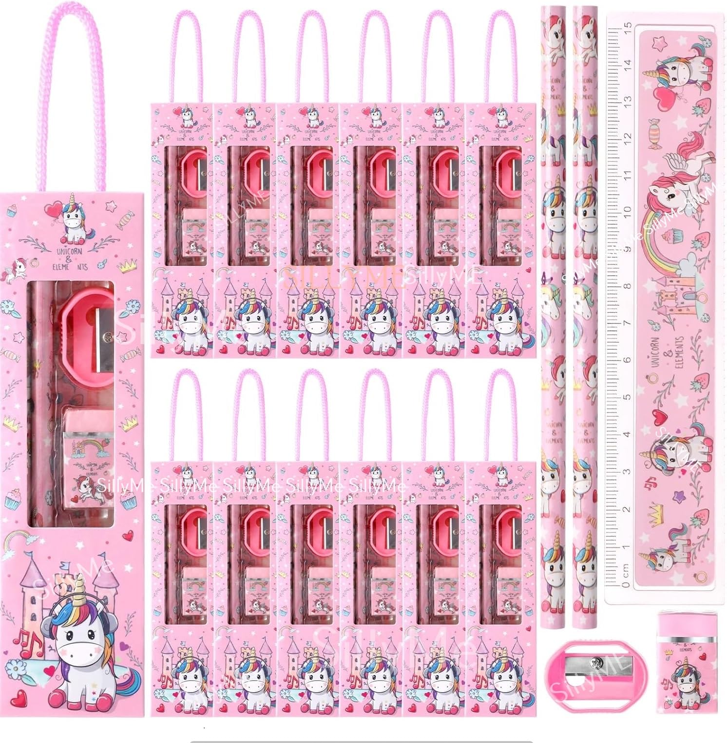 12pcs of Unicorn Stationery Set for Navratri gifts for kanya Return Gifts Birthday Party for kids - Pencil , scale , eraser kanjak gifts for girls pack of 12 - kanya pujan gifts set of 12