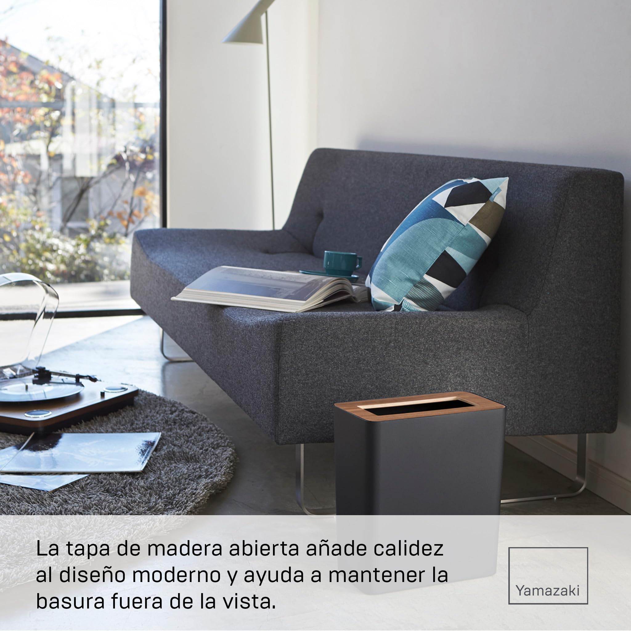 YAMAZAKI 3195 RIN Papelera rectangular, negro, acero/madera, diseño minimalista, 28 x 15 x 30 cm (L x An x Al)