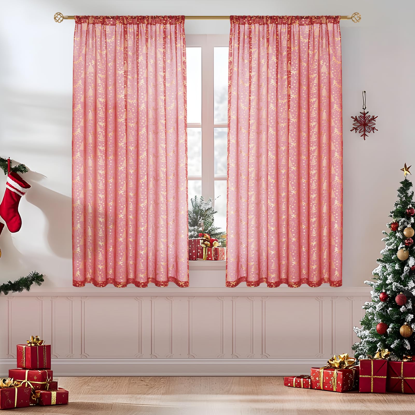 MRTREES Curtains Christmas, Red Sheer Curtains, Short Curtains, Kitchen Curtains, 122 cm Length x 140 cm Width, Tulle Curtains, Golden Pattern Curtains for Living Room, Bedroom, Set of 2 Panels — image 1