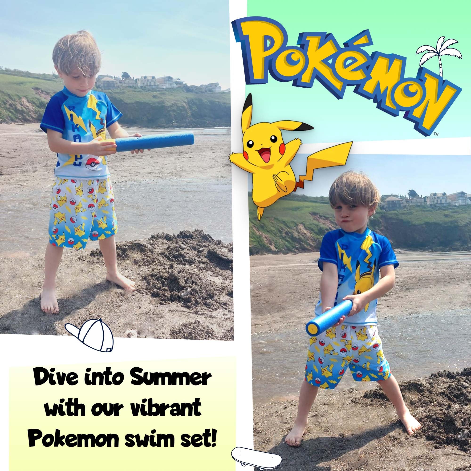 Pokemon Zestaw kąpielowy dla chłopców, 2-częściowy, szorty kąpielowe i koszulka, ochrona przed promieniowaniem UV, kostium kąpielowy dla chłopców w wieku 5-12 lat