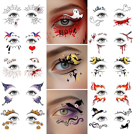 Cerlaza Halloween Decorations, Eye Shadow Temporary Tattoos Adults Kids, Eyeshadow Halloween Makeup Kit, Eyeliner Tattoo Stickers Face eye Makeup Set, Web Bat Witch Accessories Party favors (Colored)