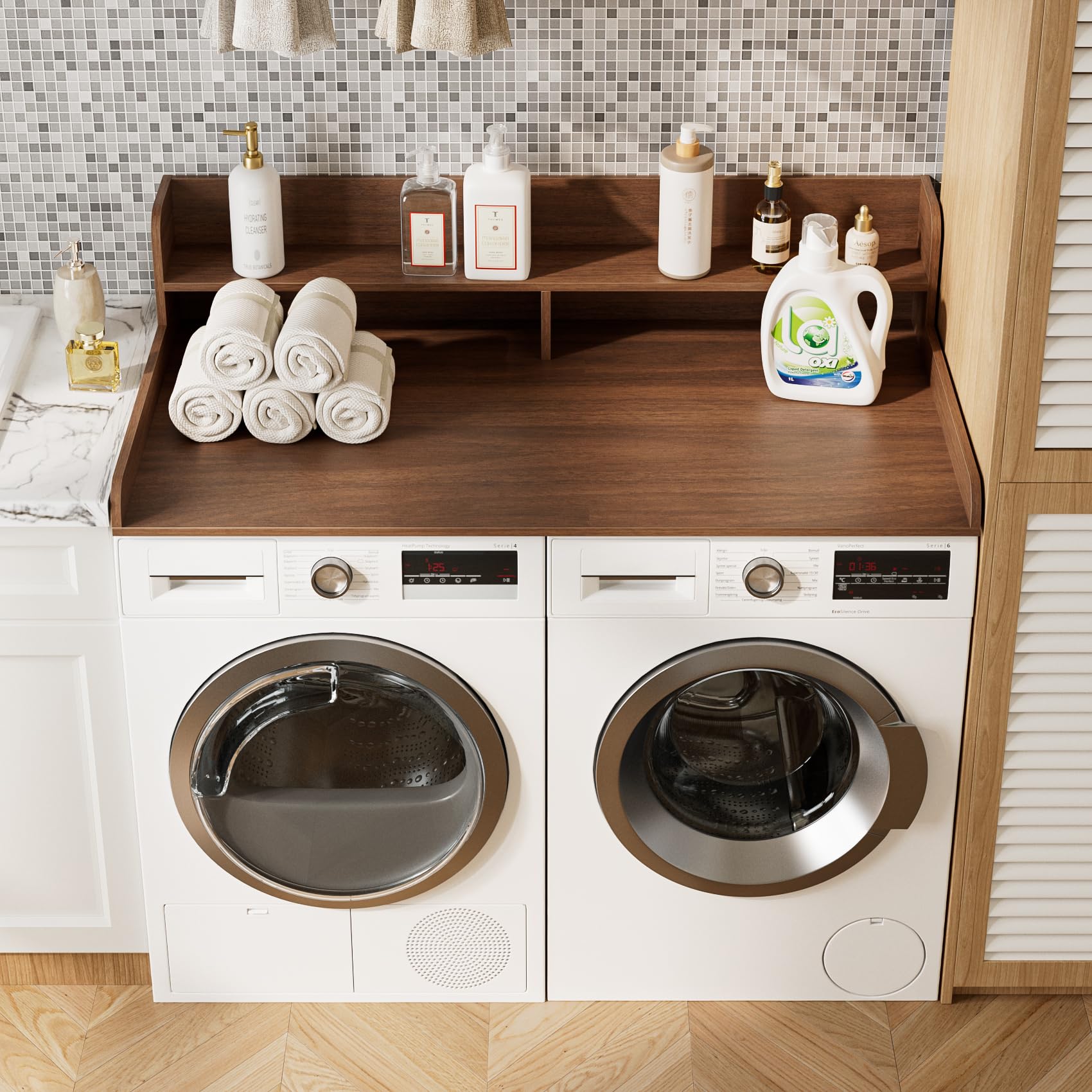 Arbeitsplatte für Waschmaschine und Trockner mit 2-stufigem Regal, Wasserabweisende Waschmaschinenabdeckung, Waschmaschinenregal mit Anti-Rutsch-Pads, Abdeckung Waschmaschine Holz, Walnuss