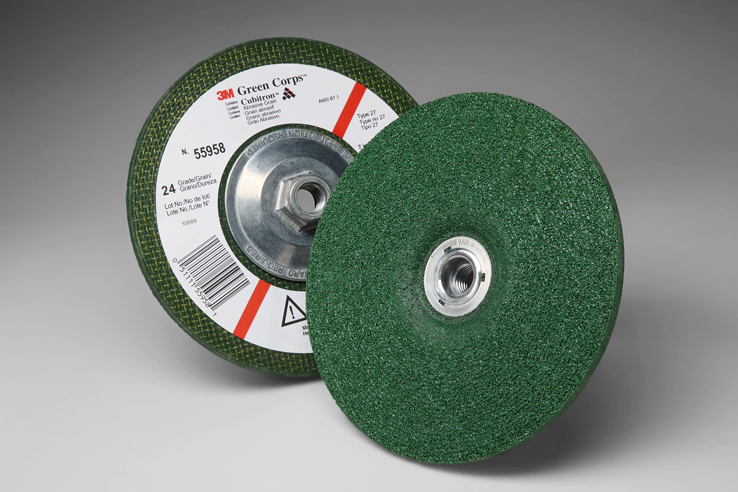 3M 55958 Green CorpsDepressed Rueda central, 24 7" x 1/4" x 5/8-11 interna, 7" de diámetro, adhesivo respaldo, grano abrasivo, 8500 rpm (paquete de 10)