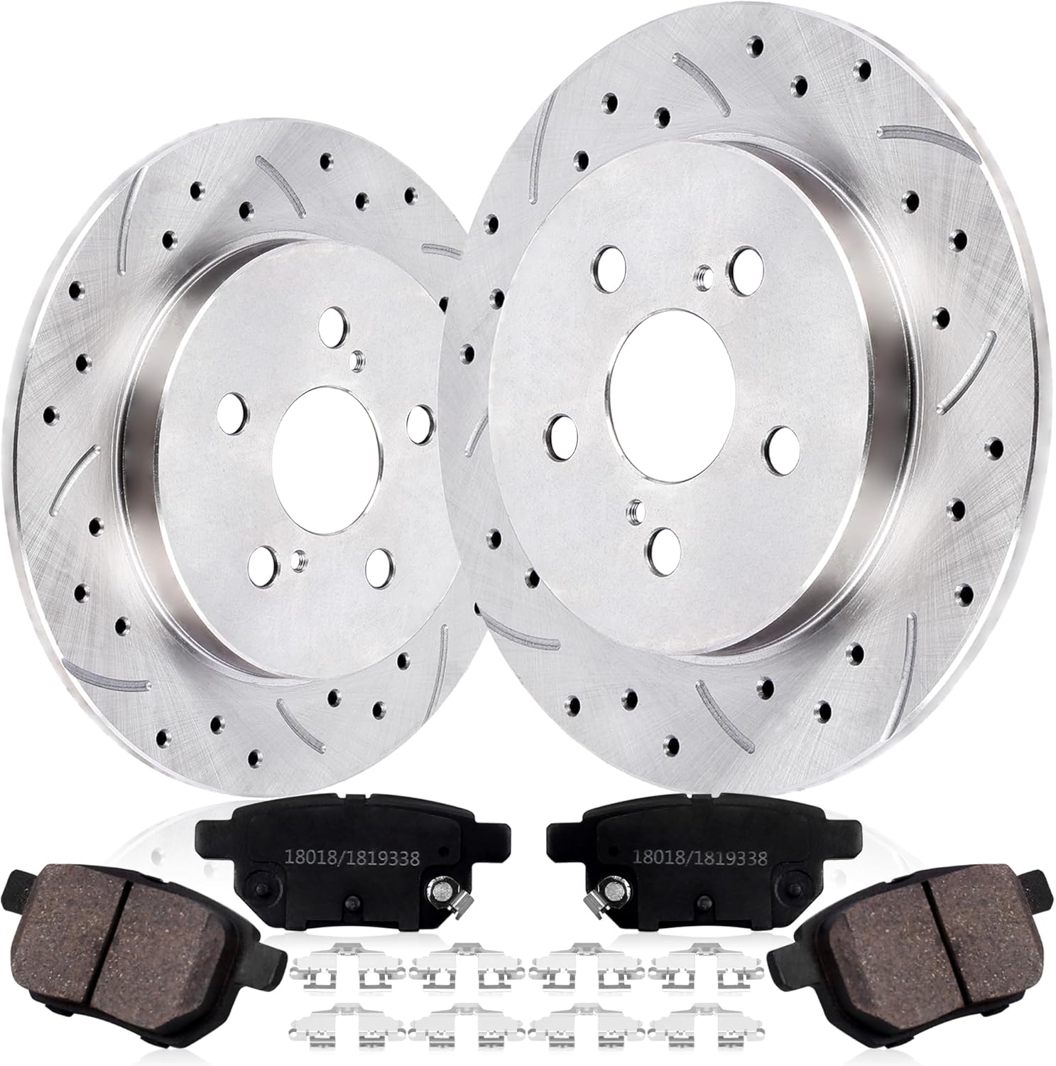 Rear Drilled and Slotted Brake Pads and Rotors Kit Ceramic Automotive Replacement Brake Kits 10.20 Inch Compatible for Toyota Corolla Prius Matrix 1.8L 2.4L 2009-2019 (14 Pcs)