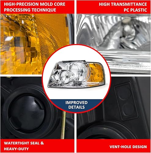 Miniatura 5 de Para Ford Expedition 2003, 2004, 2005, 2006, compatible con Ford Expedition 03-06, carcasa cromada, reflector ámbar, repuesto par izquierdo y derecho