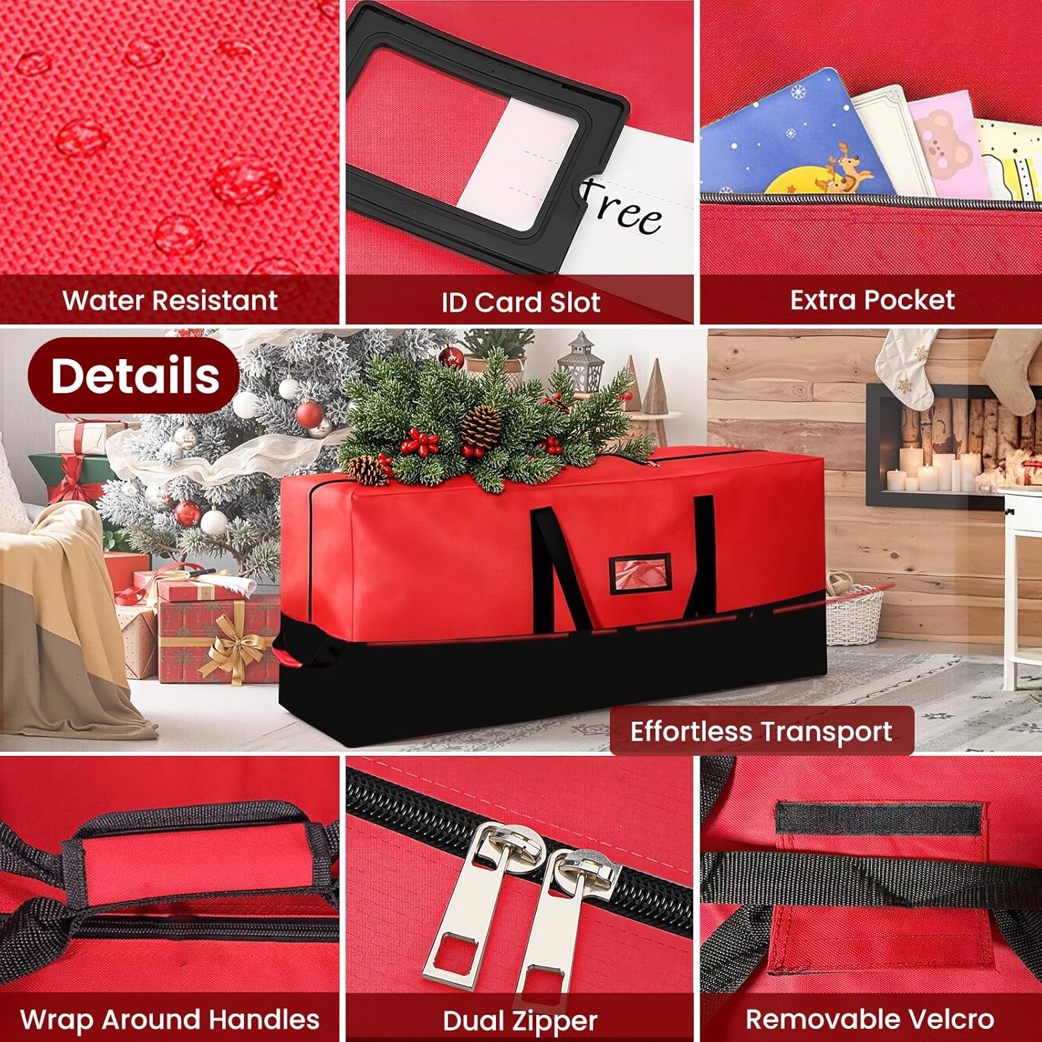 Heavy Duty Christmas Tree Storage Bag for Trees Up to 9ft – Waterproof, 600D Durable Zipper & Handles, Holiday Storage Solution (Black&Red)