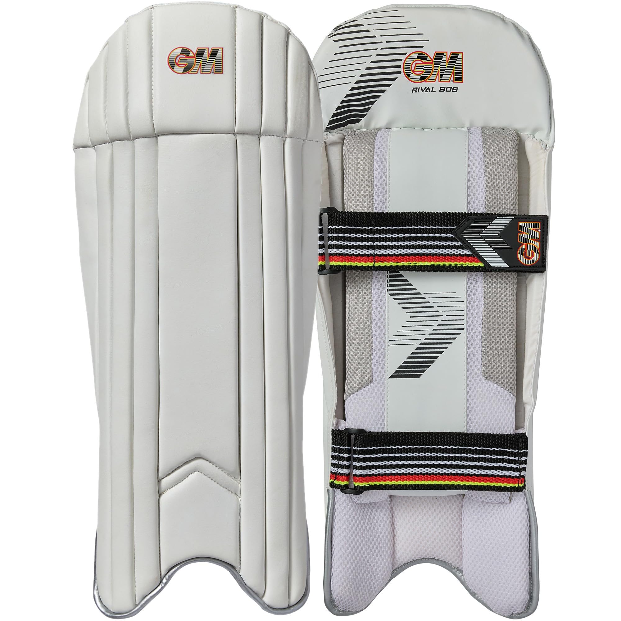 Gunn & Moore GM | 909 Rival | Cricket Wicket Keeper Keeping Pads | PU Facing with High Density Foam & Cane Face Filling | Mesh Instep | Adult | Approx 1.25 kg per Pair | 1 Pair | White with GM Logo