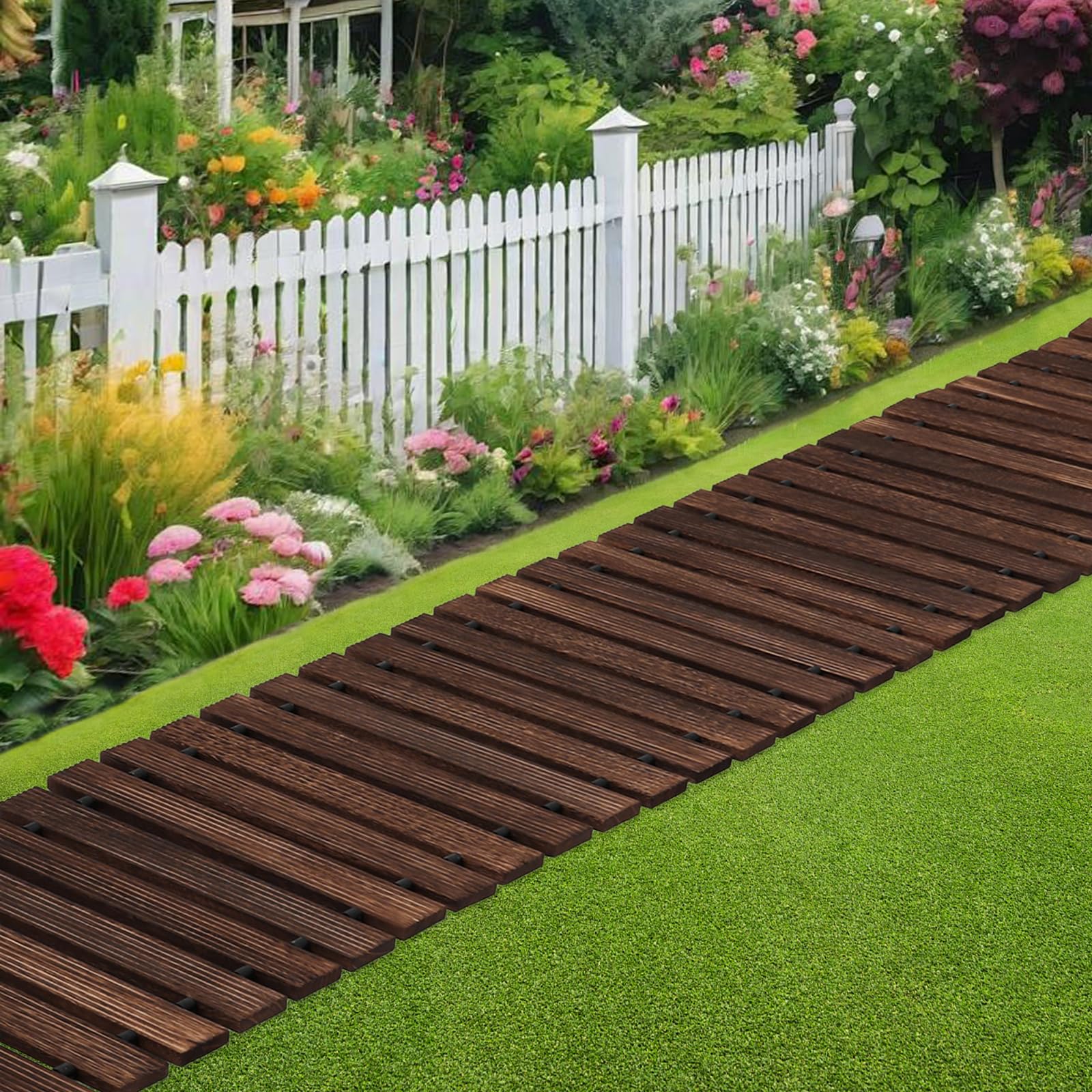 Percorso da giardino in legno arrotolabile, sentiero in legno con superficie antiscivolo e legatura con corda in silicone, passo in legno per giardino, terrazzo, spiaggia, cortile e decorazione per