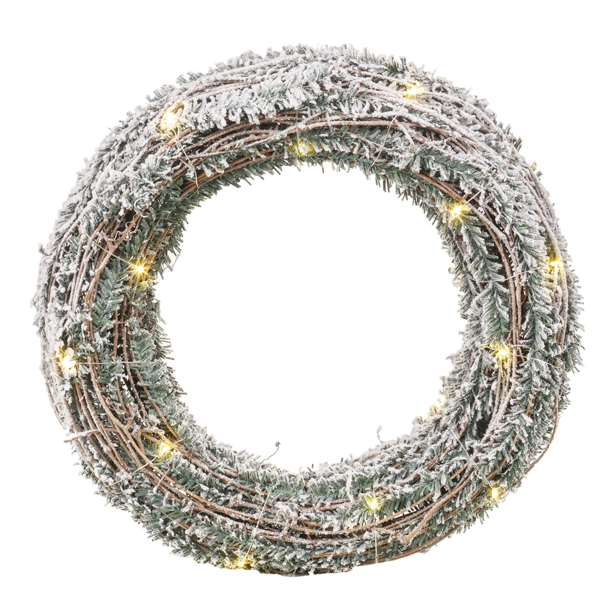 Urbnliving Green,White Light Up Led Festive Decorative Christmas Wall Door Hanging Wreath | Battery Operated Pre Lit Xmas Wreath (Rattan & Snowy White Faux Pine Leaves, 40Cm With 30Leds)