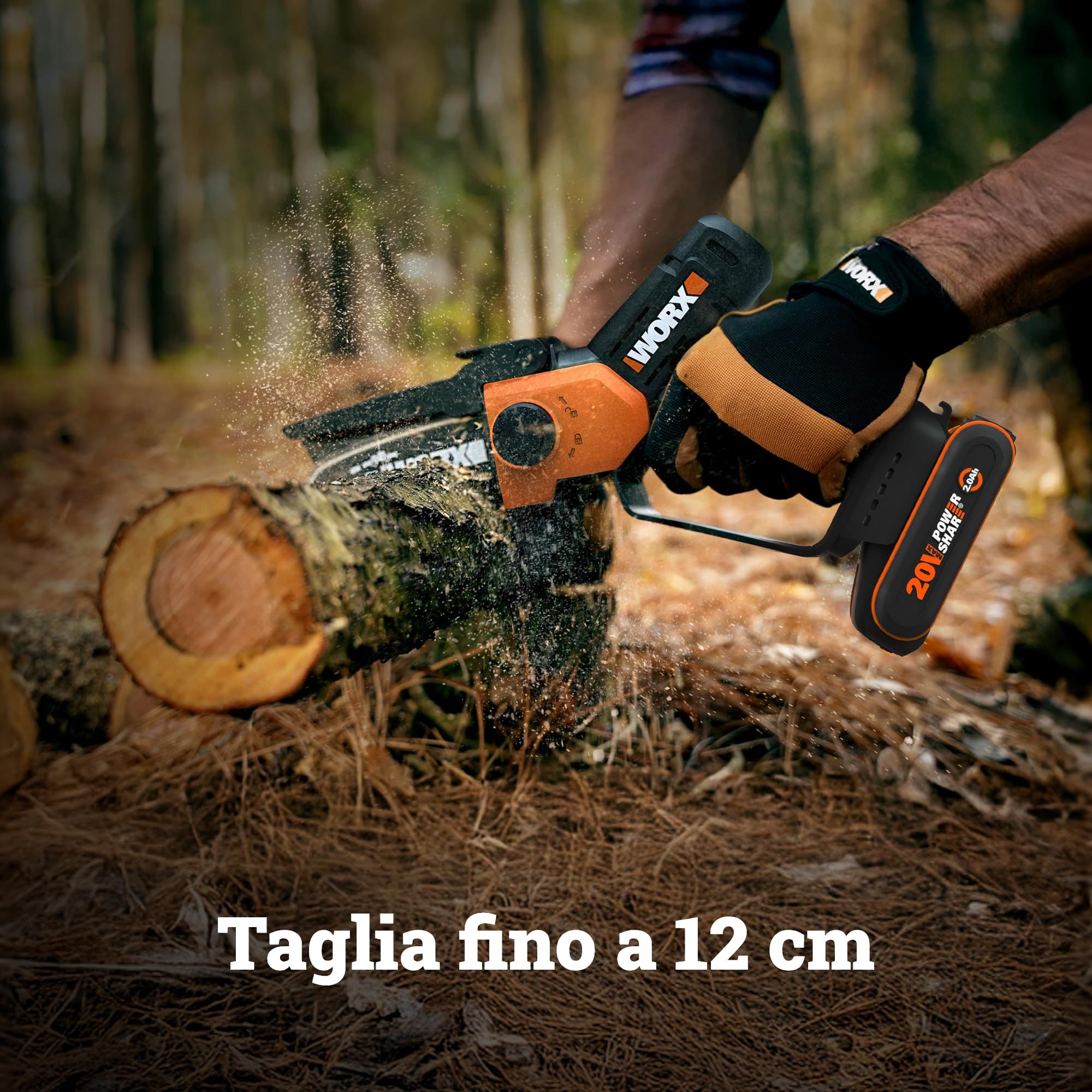 WORX WG326E.9 - Mini motosega a batteria 20 V, lunghezza di taglio 12 cm, cambio catena senza attrezzi, velocità della catena 7,6 m (senza batteria e caricatore)