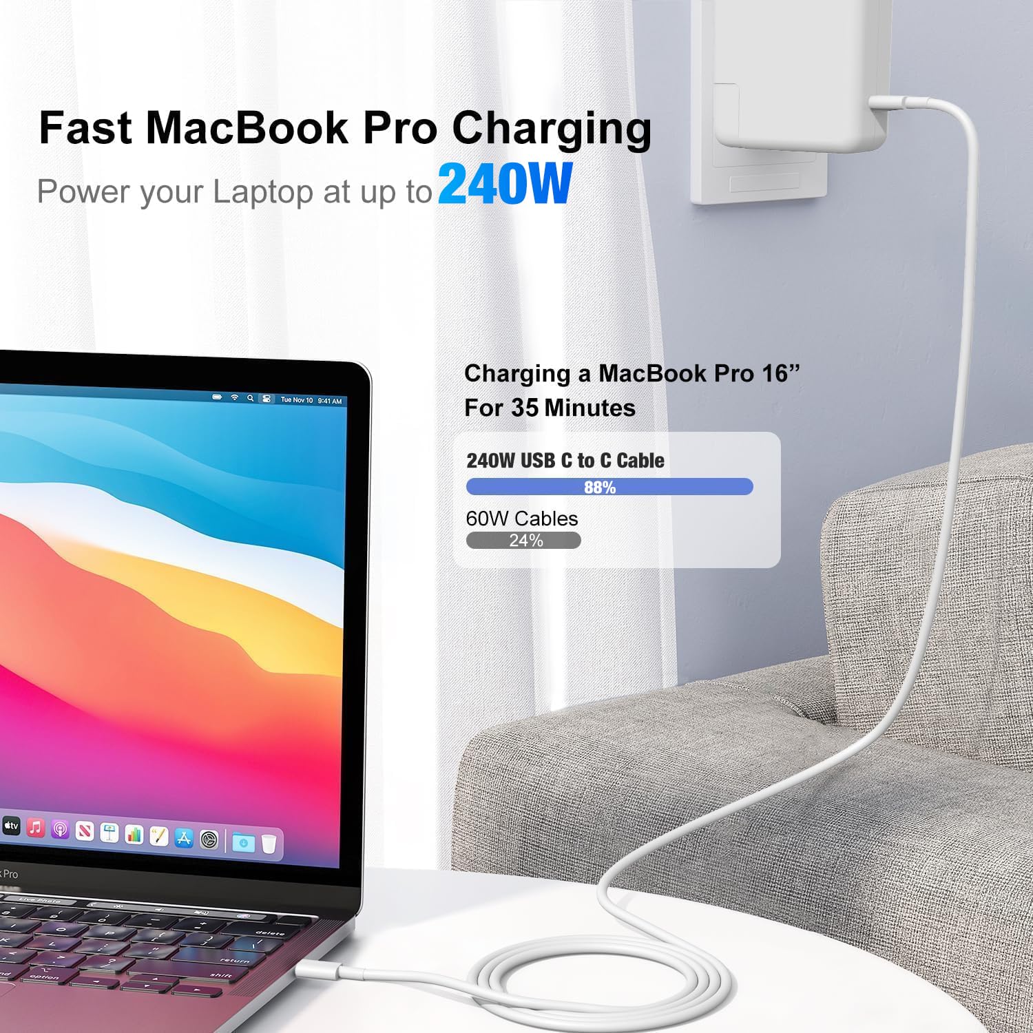 VGOSITE forJSAUX Cavo da USB C a C da 60 W, confezione da 3 [10 piedi + 6,6 piedi + 3,3 piedi] Car. tipo C