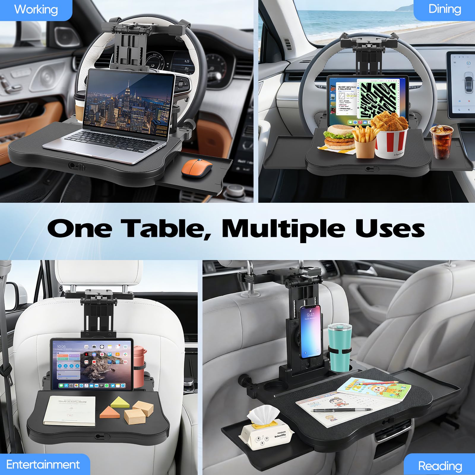 Bandeja para Asiento de Auto 20kg, Mesa de Asiento Trasero para Coche, Escritorio Giratorio de 360° con Respaldo, Portavasos, Multifuncional Coche para Comer