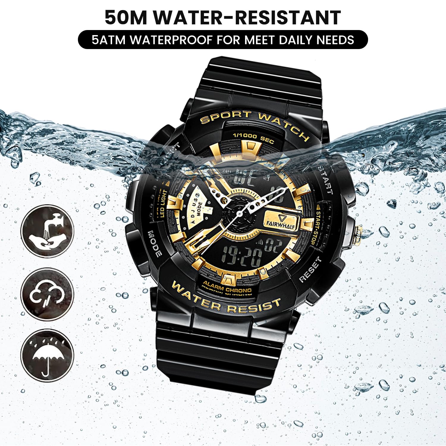 The watch partially submerged in water, illustrating its 50M water resistance.