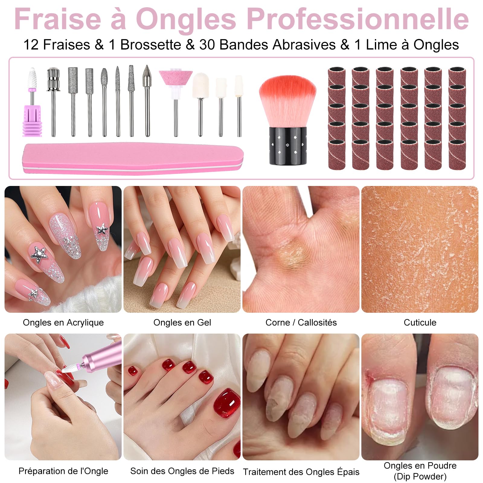 Ponceuse pour Ongles Professionnelle 45000 RPM,12 en 1 Lime a Ongle Electrique Portable,Ponceuse Ongles avec Écran LCD & Support,Lime à Ongle Electrique Silencieux,Conçu pour Les Salon,(Rose)