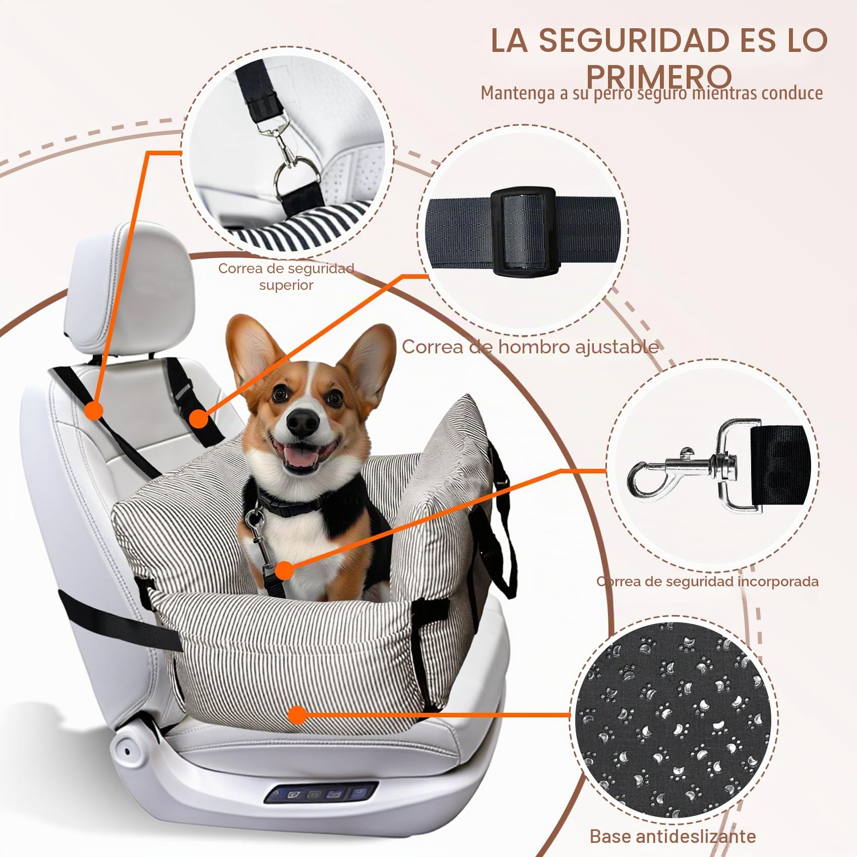 Asiento elevador de coche para perros pequeños y medianos, cinturón de seguridad, base antideslizante y bolsillos de almacenamiento