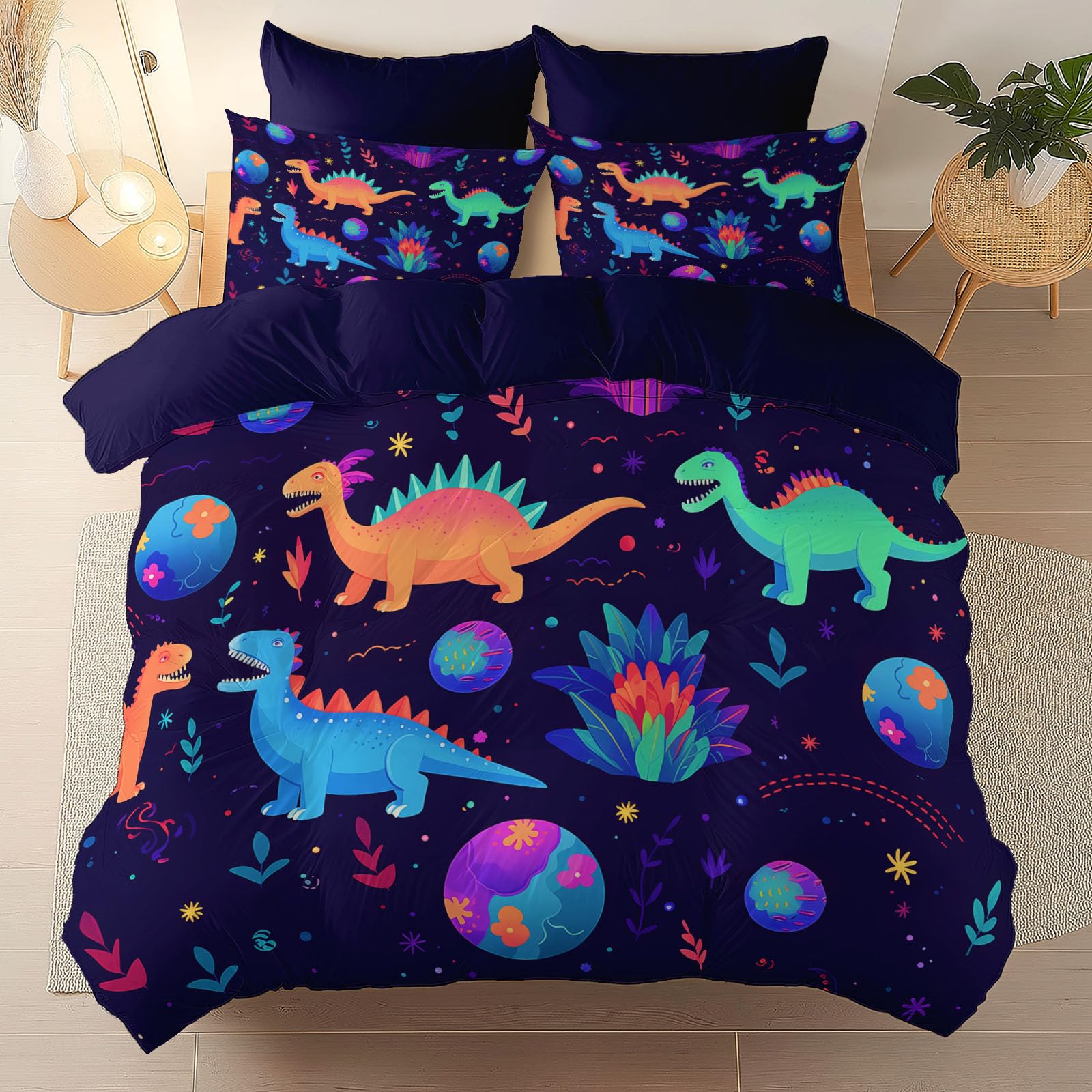 Illustration Fantastique Parure de Lit 140 x 200 cm, Cartoon Univers Dinosaure Étoiles Douce Microfibre Housse De Couette avec Fermeture Éclair et Taies d'oreiller, Violet Foncé