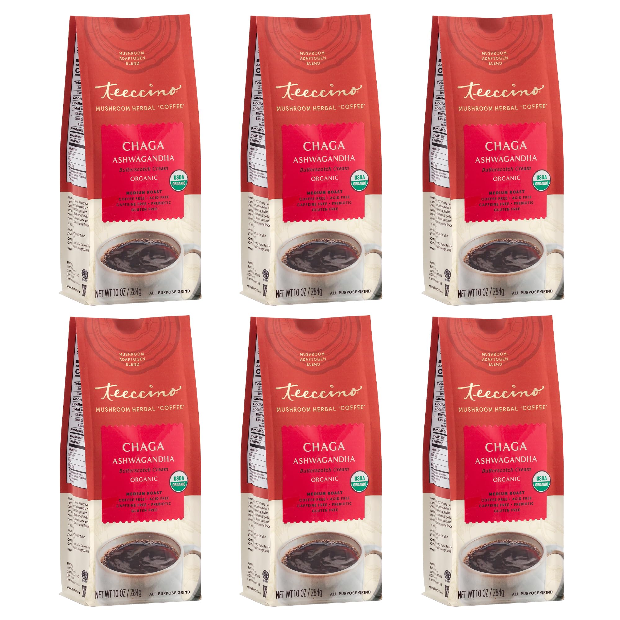 Teeccino Chaga Ashwagandha Coffee Alternative - Butterscotch Cream - Organic Adaptogenic Herbal Mushroom Coffee Medium Roast Caffeine Free