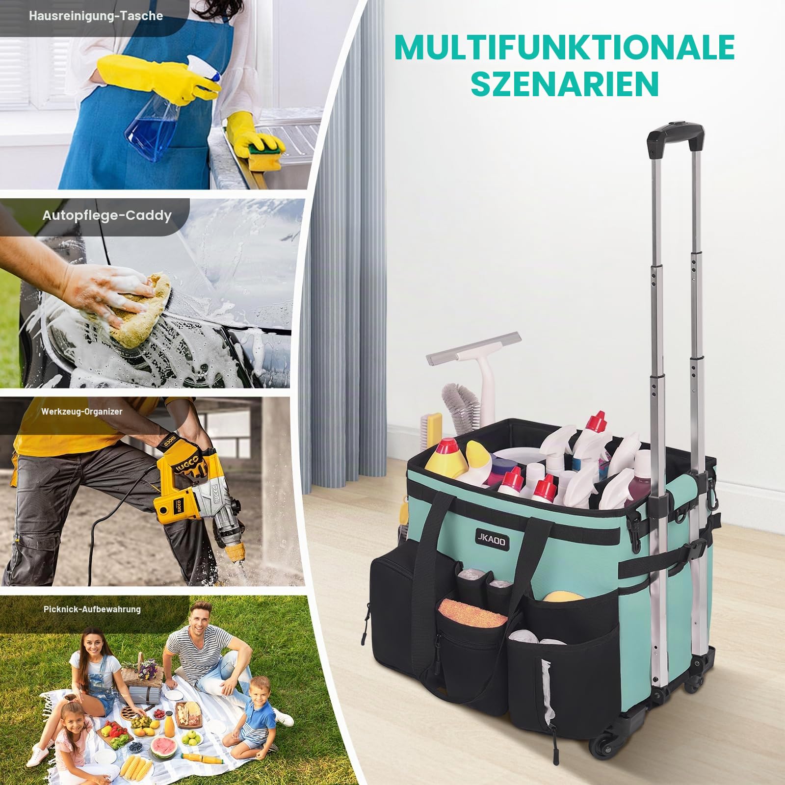 JKAOO Große Reinigungs-Caddy-Tasche mit abnehmbarem Trolley, wasserdichter Reinigungs-Caddy auf Rädern für Haushälterinnen, Reinigungswagen, Organizer für Zuhause, Auto, Büro, Picknick (blau-grün)