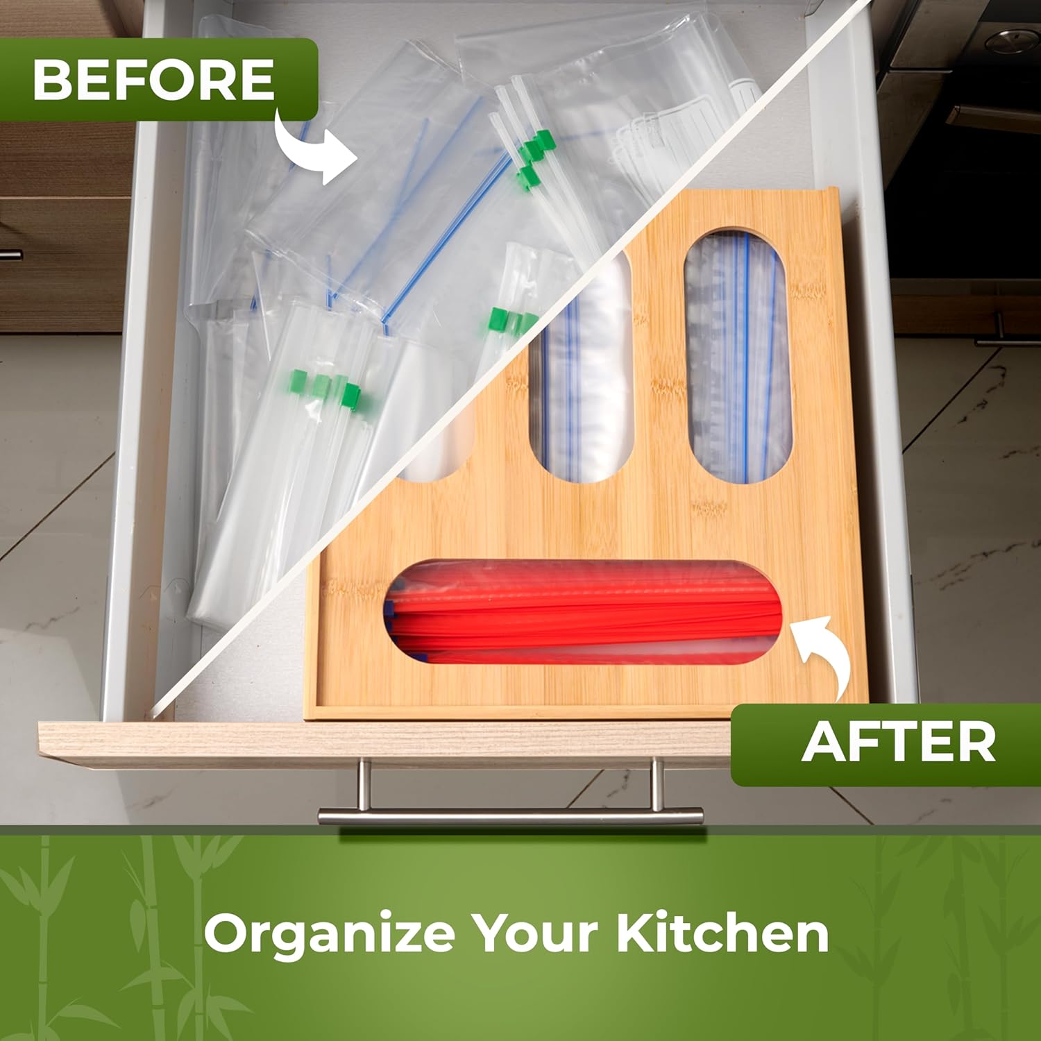 Bamboo Storage Bag Organizer, Sandwich Bag Organizer - Single Block Design for Kitchen Organization, Baggie Organizer for Drawer - Quick Refill Slider, Fits Half Gallon, Quart, Snack Size Bags - Image 4