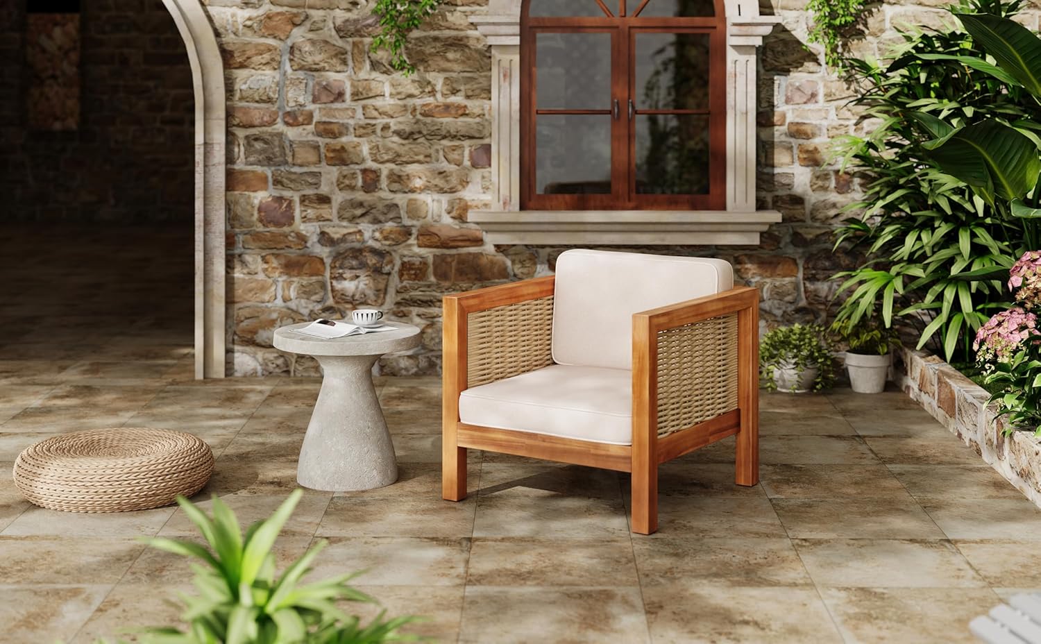 Outdoor Club Chair Set of 2 — Acacia Wood Frame, Wicker Armrests & Beige Cushions, 400 lbs Capacity, for Patio Garden Backyard