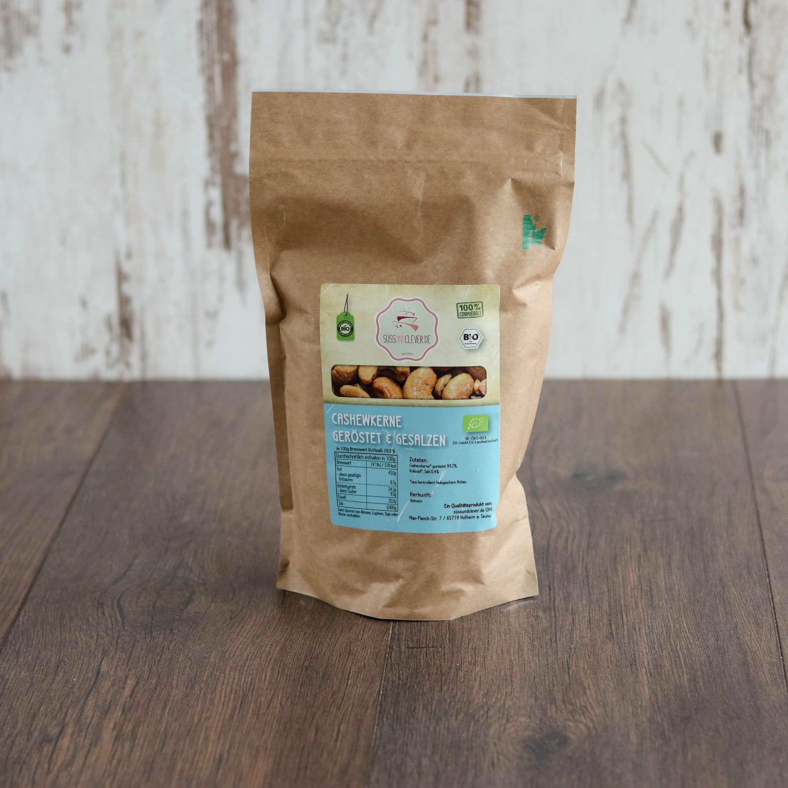 süssundclever.de® Bio Cashewkerne | geröstet & gesalzen | 1,0 kg | ganze Cashews | plastikfrei und ökologisch-nachhaltig abgepackt