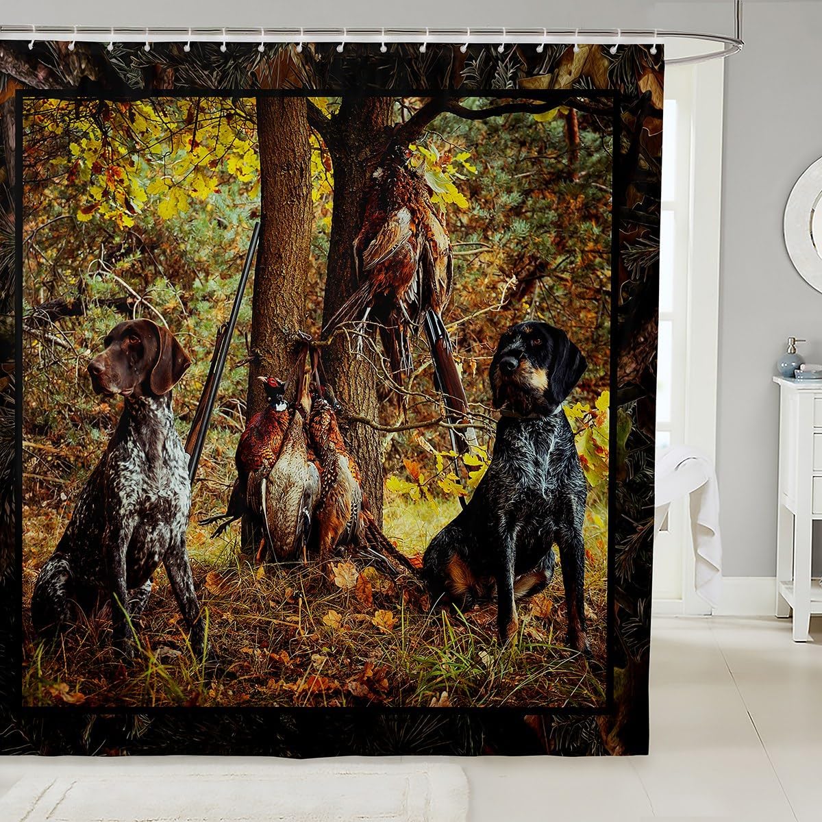 Pheasant Hunting Shower Curtain 72"Wx72"L Black Dog