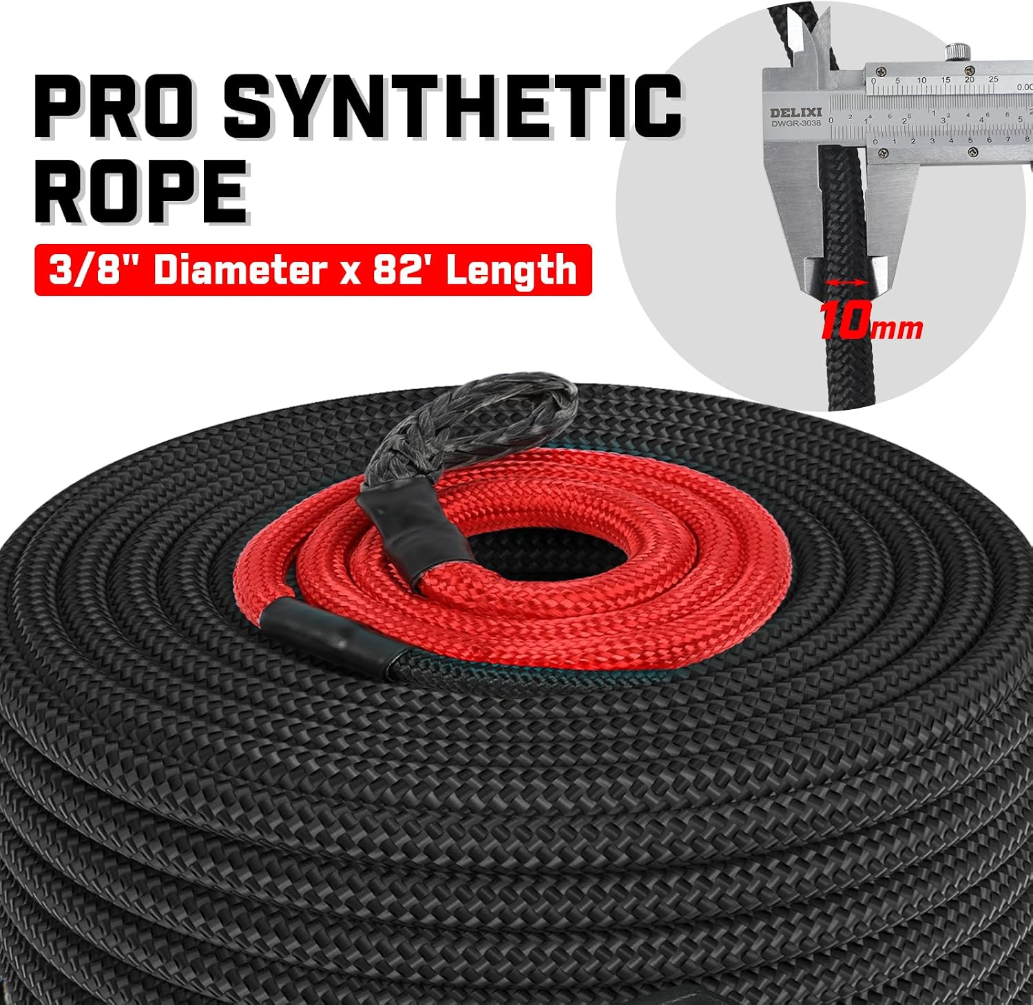 X-BULL Pro Synthetic Winch Cable - Cable Kit -3/8" X 82ft 16000LBS Winch Line with Protective Sleeve Forged Winch Hook Safety Pull Strap go for 4WD Off Road Vehicle Truck SUV ATV UTV- Black