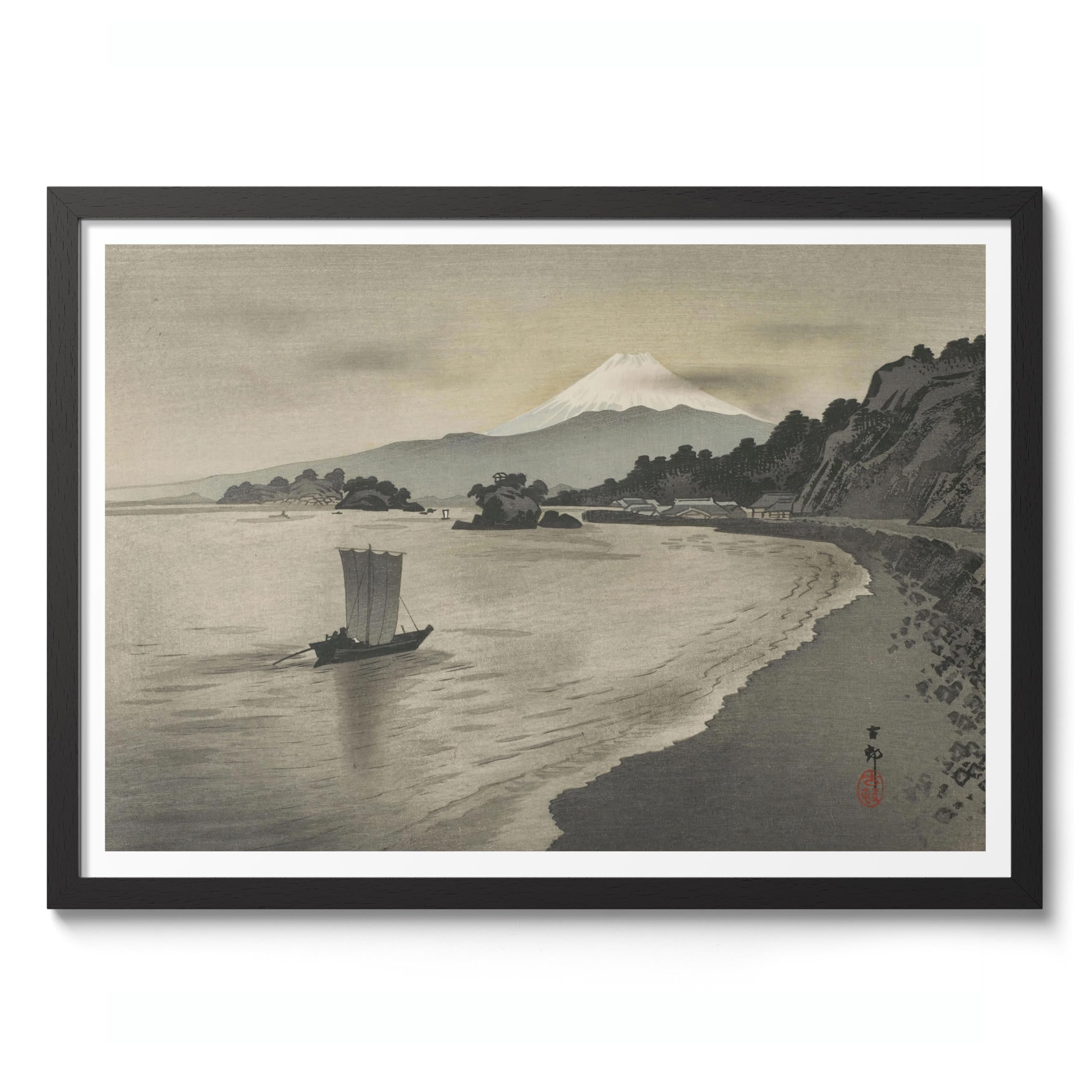 Evening Scene With Sail Boats And Mount Fuji Ohara Koson Poster, Japanese Woodblock Ukiyo-E Print, Vintage Art Picture Animal Painting Wall Art, Artwork Home Decor, 50x70cm (Black Frame) - 53x73cm