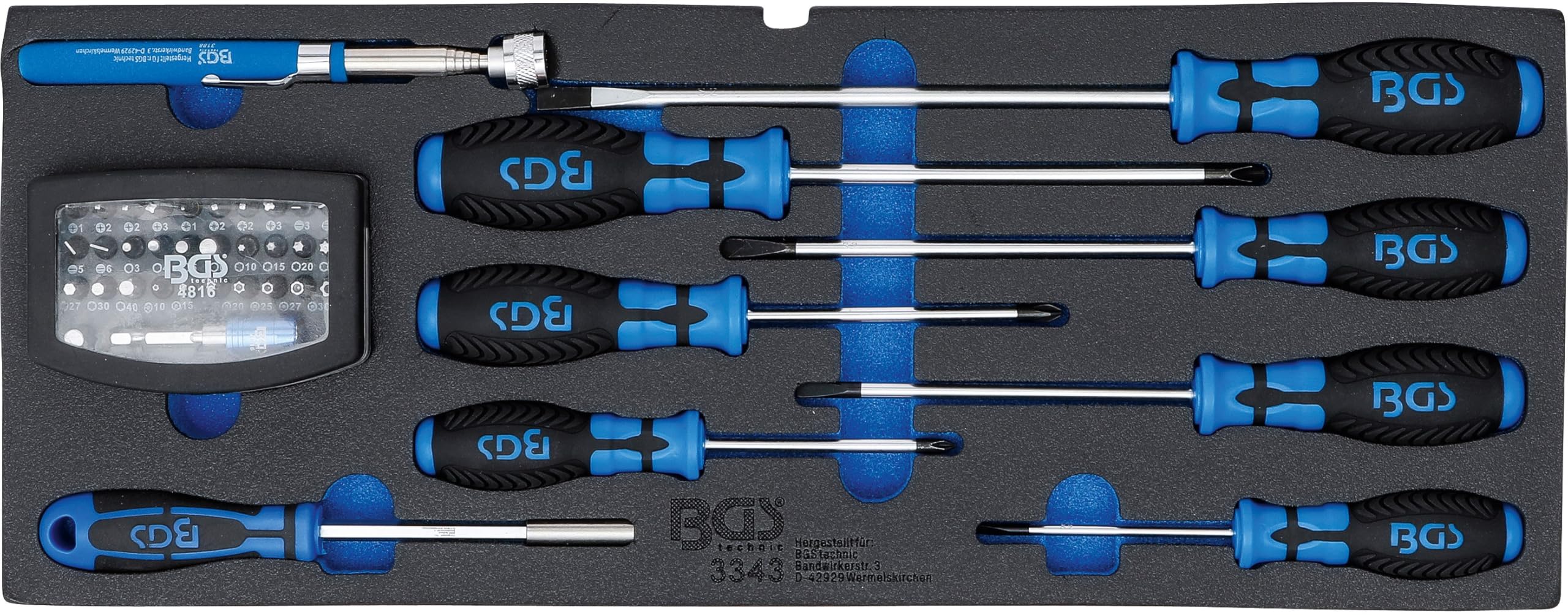 BGS 3343 | Schaumeinlage für Art. 3312 | Schraubendreher & Bits | 41-tlg. | Magnetheber | Drehgriff für Bits mit Magnet | Bithalter mit Schnellauswurf | Chrom-Vanadium-Stahl