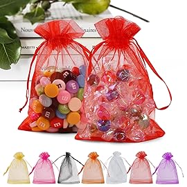 ANZNKU 100PCS Premium Red Organza Bags 5x7 inches Mesh Bags Drawstring, Gift Bag for Christmas Wedding Makeup Party Favor, Mesh Bag Drawstring