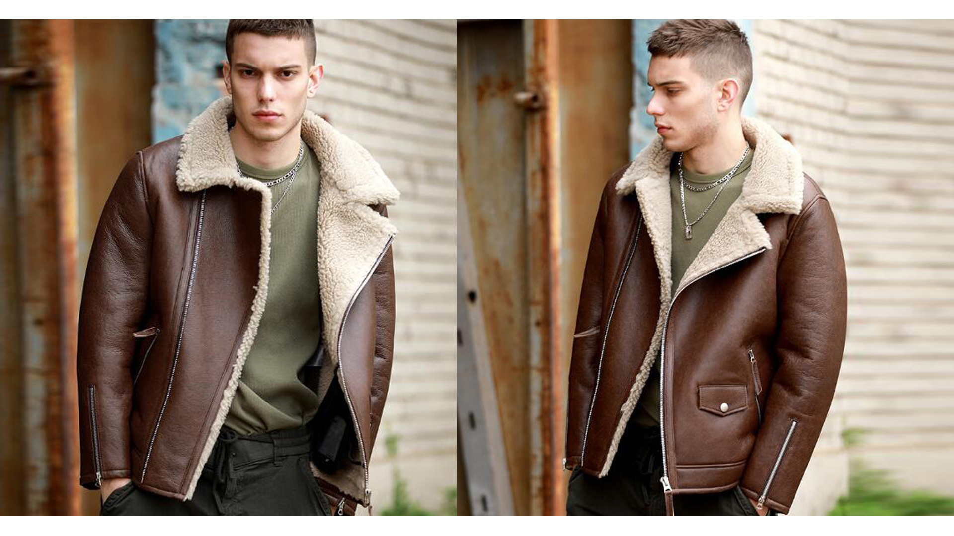 Denny&Dora Men's Shearling Jacket Mens Pilot Jacket Brown Leather