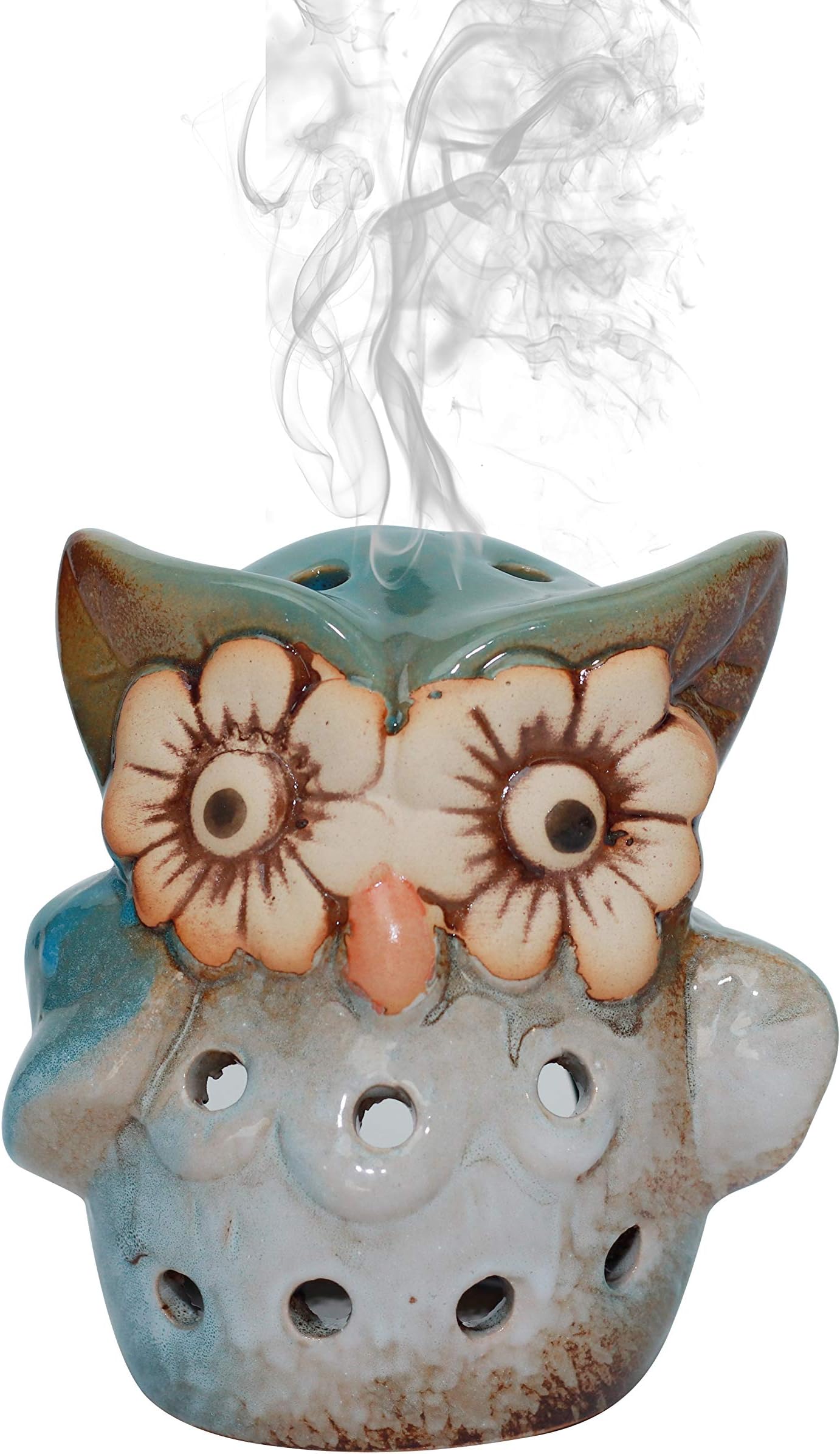 Ceramic Owl Incense Burner - Holder for Cones, Bricks, Rope & Resin Incense, Candle Holder (Blue)