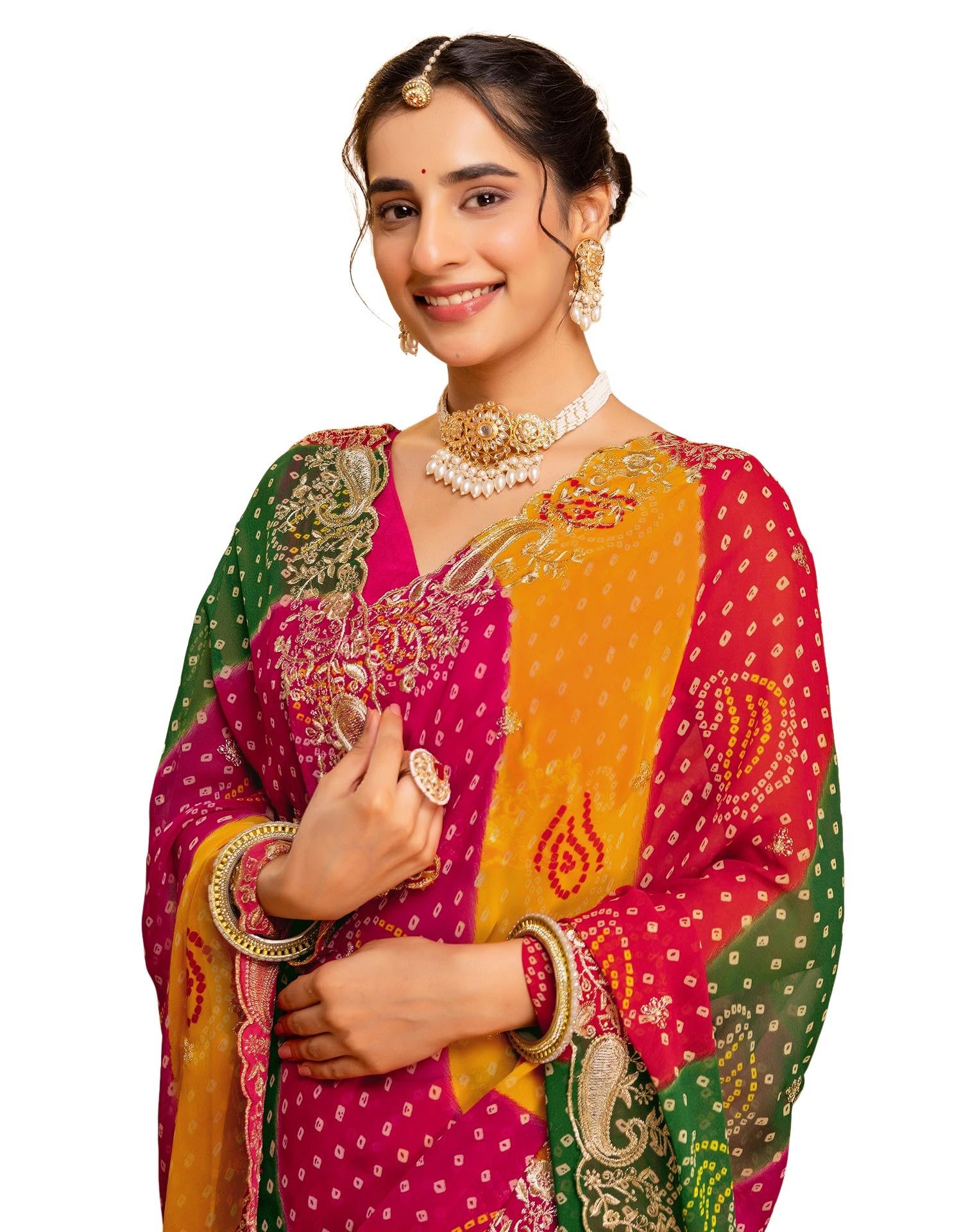 siril Women's Georgette Bandhani Printed Saree with Embroidered Scalloped Border-picture-27
