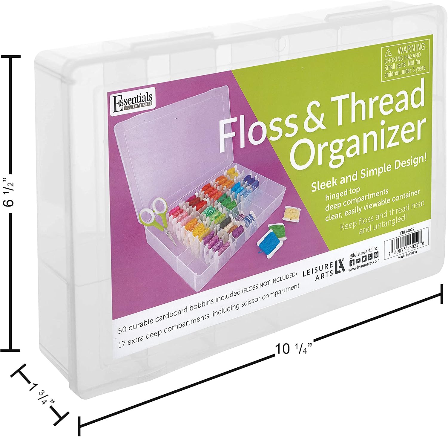 Essentials By Leisure Arts Embroidery Floss Organizer Box with 100 Bobbins, 17 Compartment Clear Storage Case with Living Hinge, Tangle Free Floss Storage, 10.63 x 7.19 x 1.75 Inch