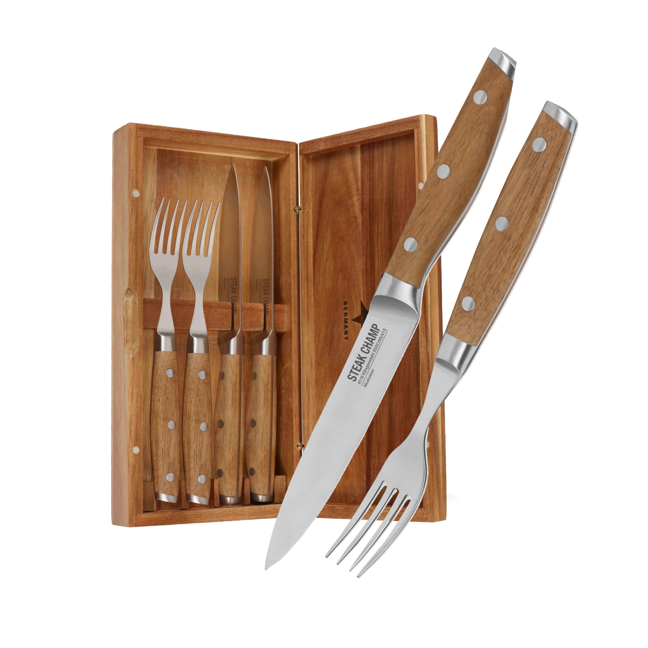 Steakchamp Fleischgabel und Steakmesser, 2 x 2 Stk.: Gabeln und Messer aus Klingenstahl, mit Mikrowellenschliff, Set 4-teilig, inkl. Holzkiste