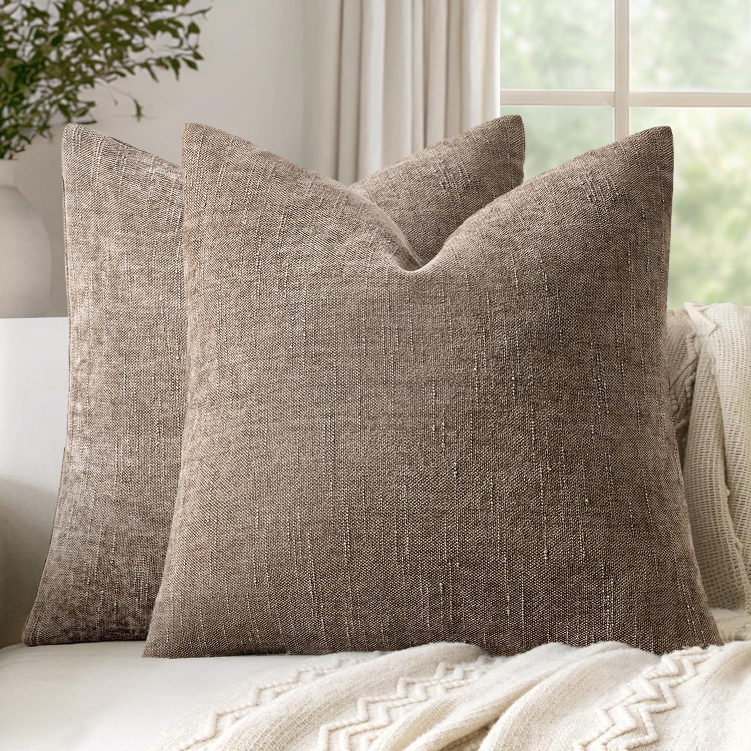 Woaboy Set of 2 Textured Throw Pillow Covers Decorative Soft Accent Square Chenille Pillowcases Neutral Farmhouse Cushions Modern Home Decor for Couch