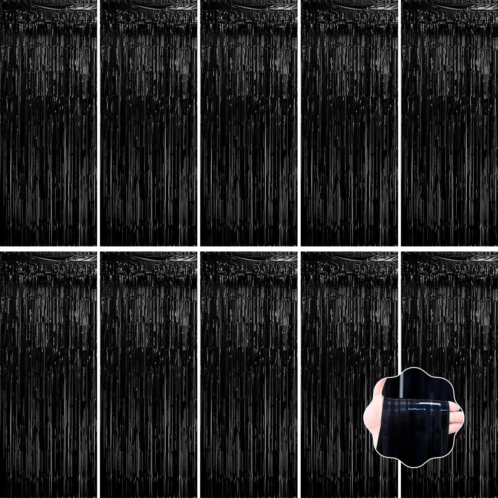 LOLStar 10 Pack Black Party Decorations, 3.3x6.6 ft Black Foil Fringe Curtains Tinsel Backdrop Photo Booth Prop Streamer for Birthday, Wedding, Bridal