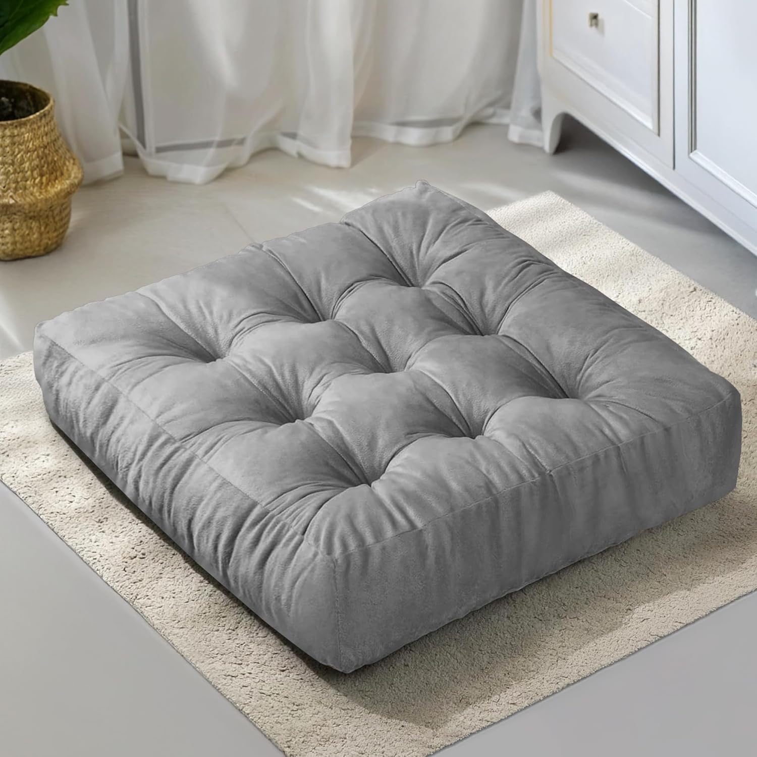 NEST & LOOM Floor Cushions - Floor Chair Pillow, Meditation Cushion, Square Large Floor Pillow, Solid Thick Tufted Floor Pillow - Grey - 21.65" x 21.65"