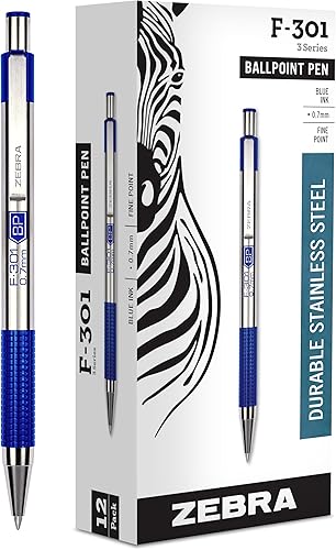 Zebra Pen F-301 Bolígrafo retráctil barril de acero inoxidable punta fina 0028in tinta azul paquete de 12